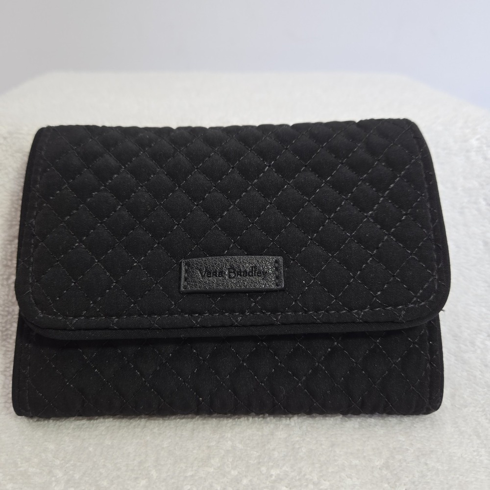 Vera Bradley Iconic RFID Riley Compact Wallet Trifold Navy Solid Black Quilted - Picture 3 of 9